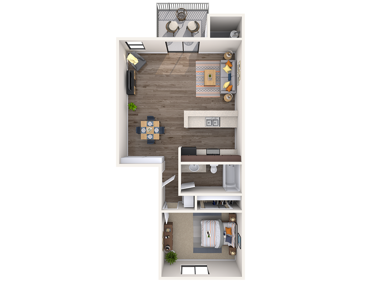 Floor plan for 1 bed, 1 bath, 613 sqft